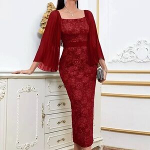 SHEIN Red Long Sleeve Lace Dress